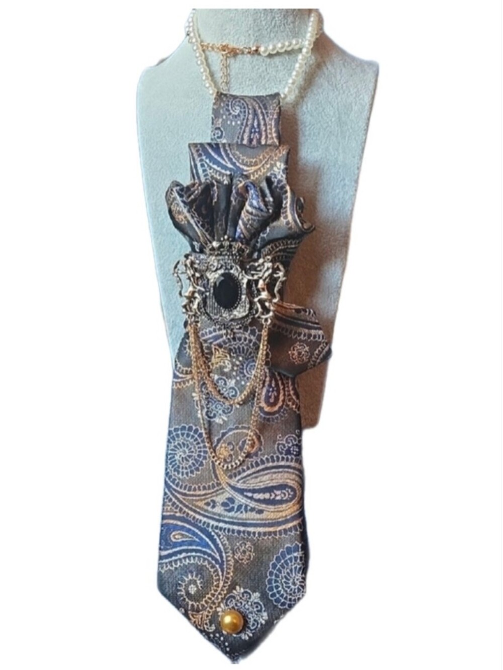 3/$60 Blue Brown Paisley Folded Cravat with Ornate Brooch